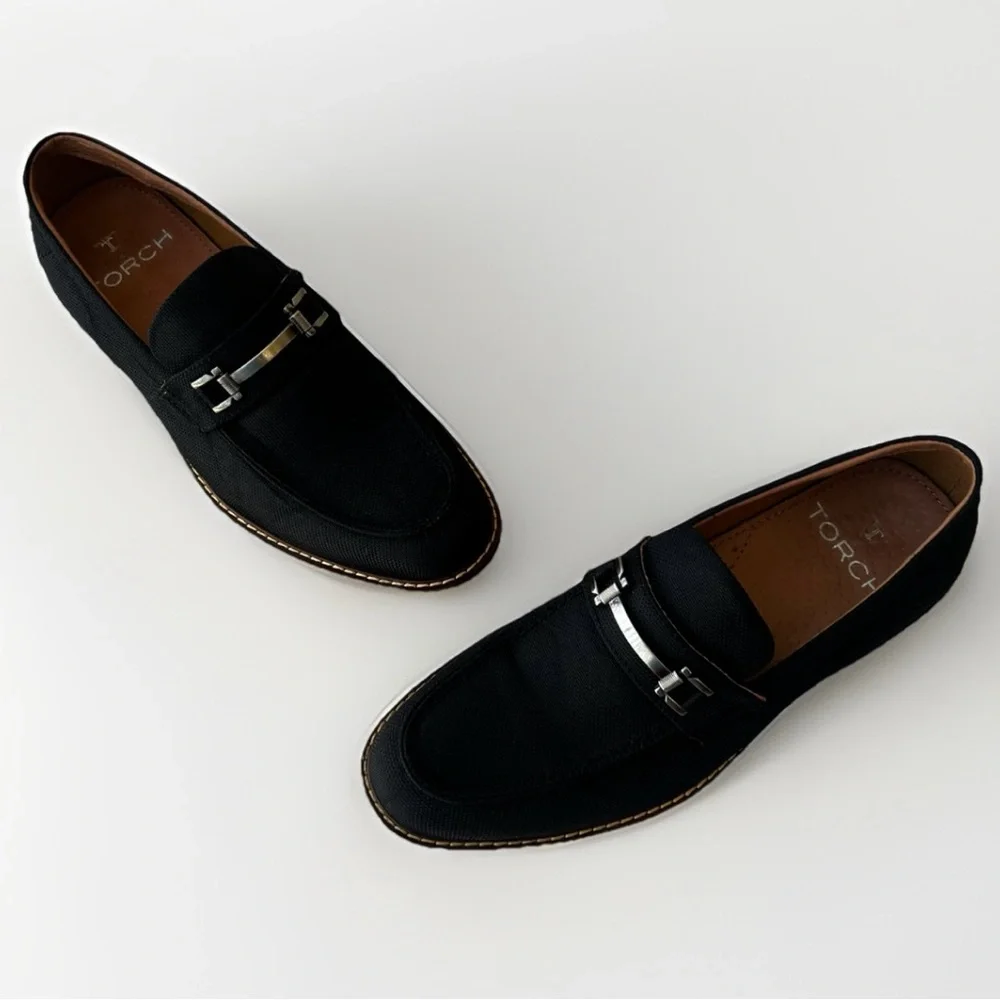 Torch Black Slip-On Loafers Mens Sz 8 Textile Leather Shoes Classic Casual Solid
